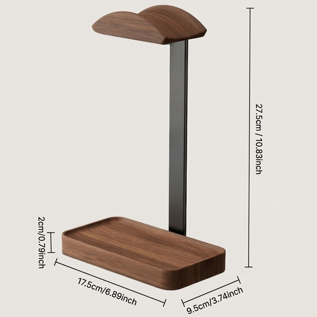 A wooden and metal desk lamp with dimension annotations showing a height of 27.5 cm, a width of 17.5cm, and a depth of 9.5cm