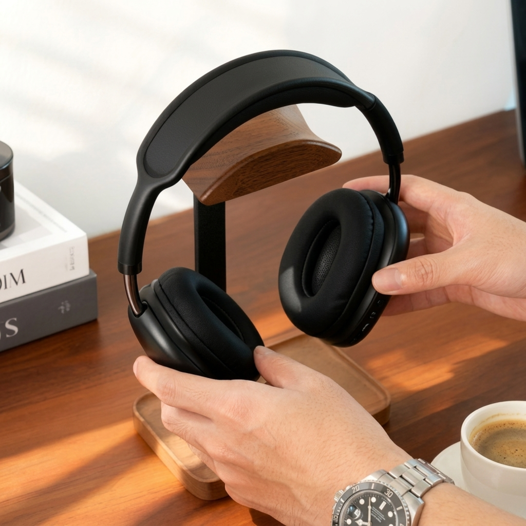 Black over-ear headphones resting on a wooden display stand, with two hands holding one earcup in a warm indoor setting with a wooden table, books, and a coffee cup visible.